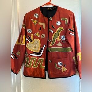 Vintage Style Red Jacket with Artistic Patterns